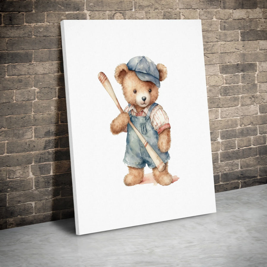 Baseball Teddy Bear Canvas Print | Watercolor Animal Illustration | Premium Gallery Wrapped Canvas | Nursery Decor Gift for Kids Room
