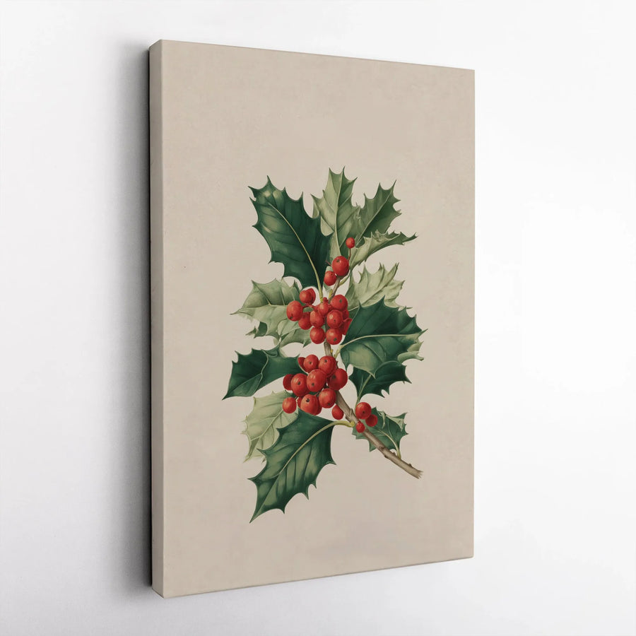 Holly Berries Canvas Print | Vintage Botanical Illustration Wall Art | Premium Gallery Wrapped 1.25" Profile | Holiday Home Decor Gift