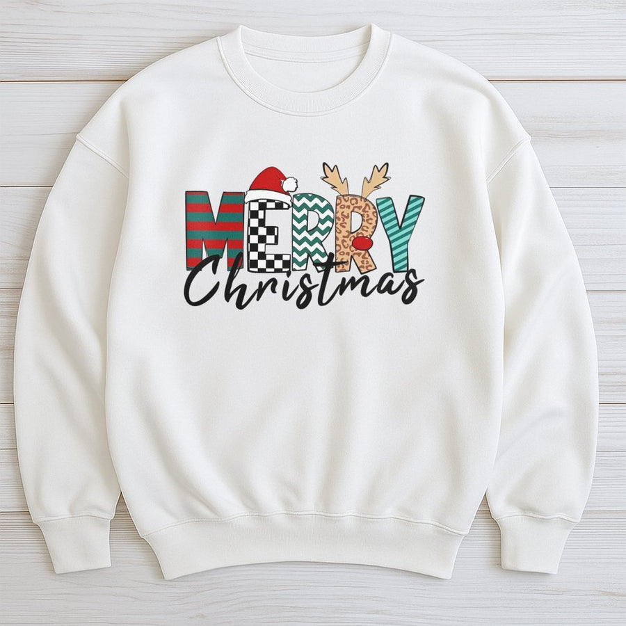Merry Christmas Sweatshirt | Festive Plaid and Leopard Print Graphic | Premium Cotton Blend | Unisex Holiday Gift for Her