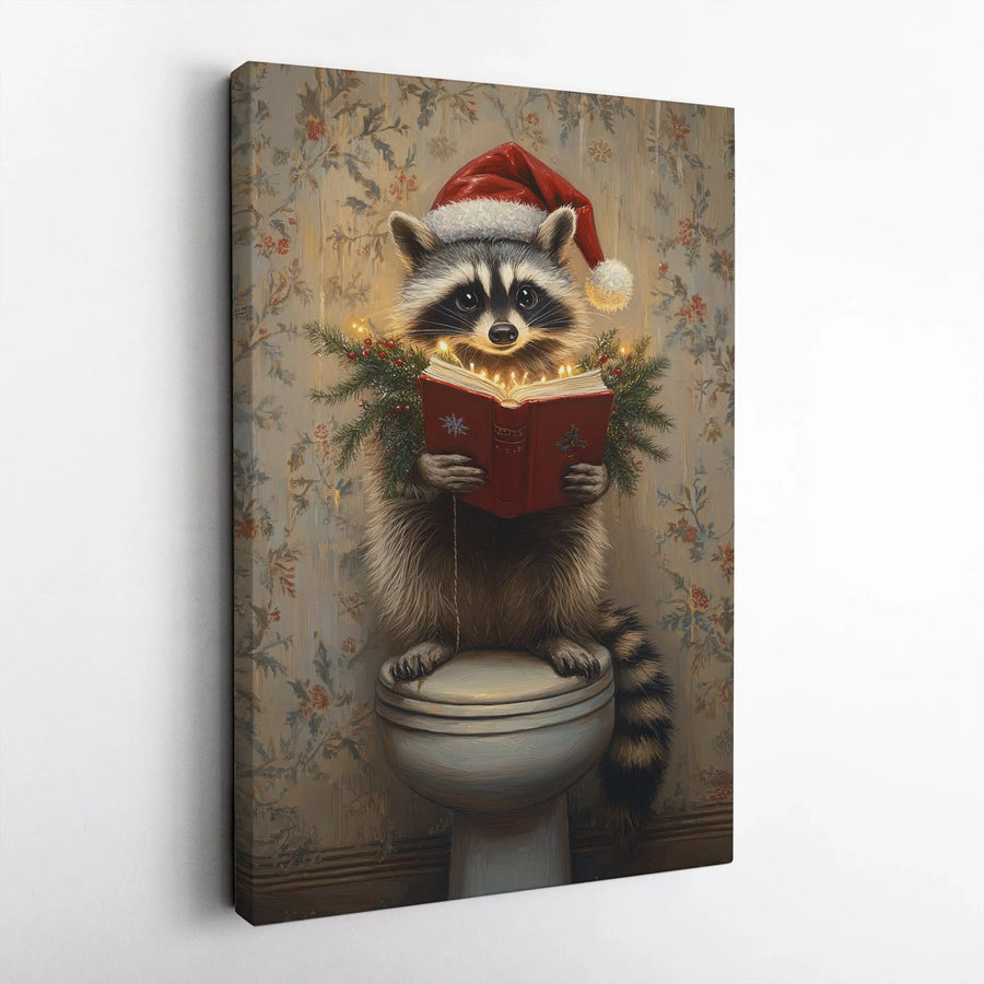 Christmas Raccoon Wall Art | Funny Santa Hat Reading on Toilet Print | Premium Gallery Wrap Canvas | Whimsical Holiday Bathroom Decor Gift