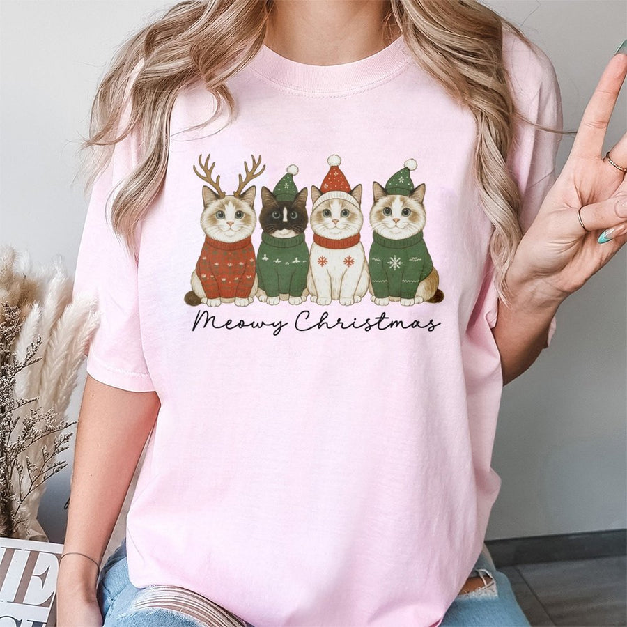Meowy Christmas Cat T-Shirt | Cute Holiday Kittens in Sweaters | Premium 100% Cotton Apparel | Funny Cat Lover Gift for Women and Men