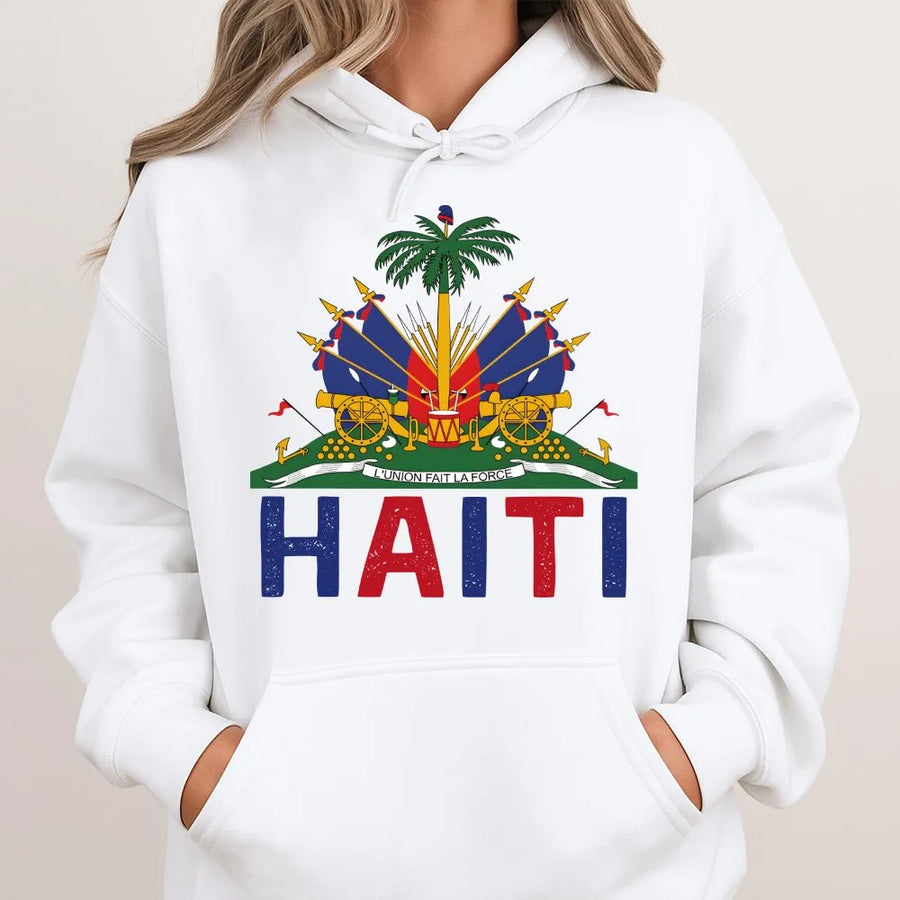 Haitian Pride Hoodie | Vintage Haiti Coat of Arms Graphic | Soft 100% Cotton | Freedom Began With Us Patriotic Gift
