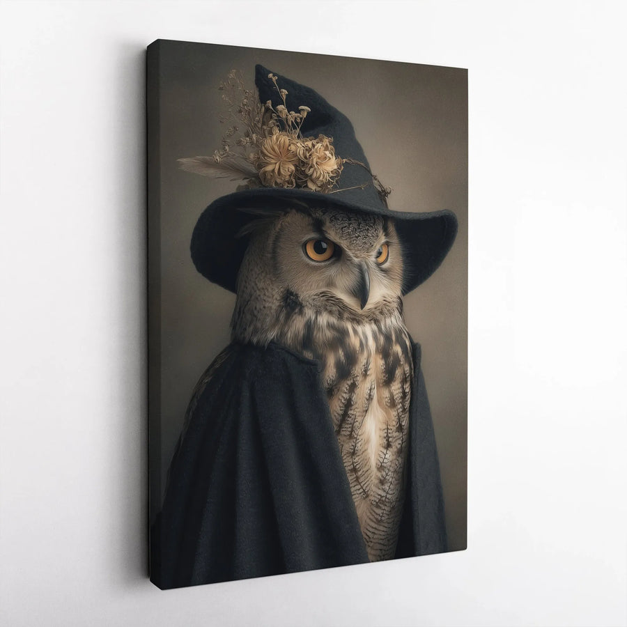 Witch Owl Vertical Canvas | Gothic Animal Portrait with Witch Hat | Premium Gallery Wrapped Wall Art | Dark Academia Home Decor Gift