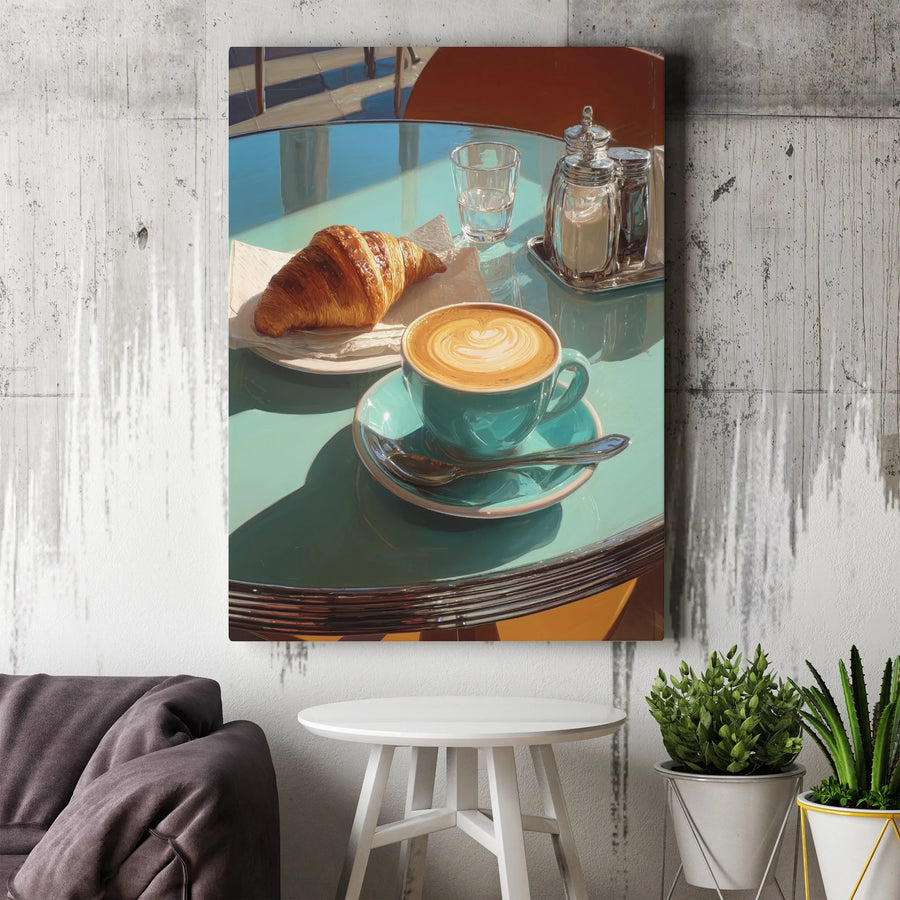 Coffee and Croissant Canvas Wall Art | Realistic French Cafe Scene | Premium Gallery Wrapped Print | Kitchen & Dining Room Decor Gift