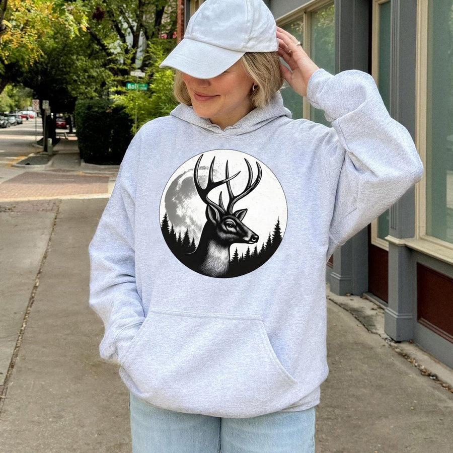 Deer Antler Hoodie | Moonlit Pine Forest Graphic Art | Soft Cotton Blend Premium Pullover | Outdoor Hunting Nature Gift For Wildlife Lovers