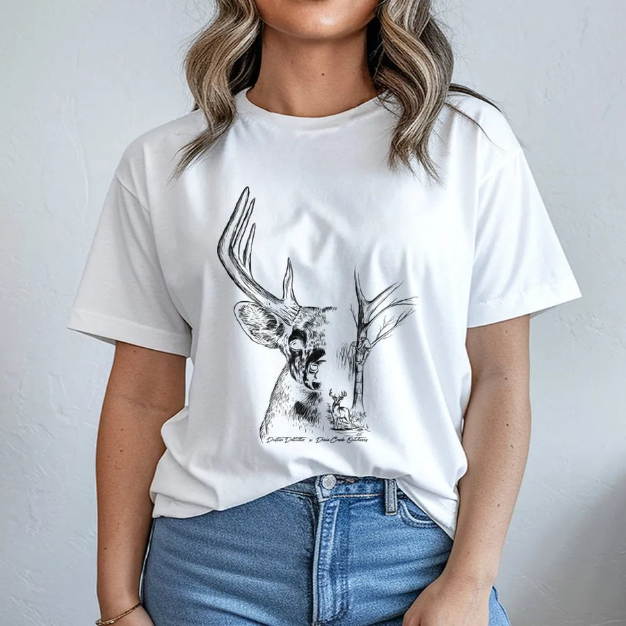 Deer Hunting T-Shirt | Double Exposure Buck Sketch Graphic | 100% Cotton Premium Tee | Nature Lover Wildlife Hunter Gift