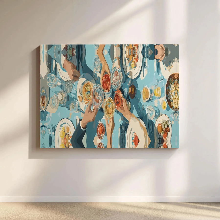 Dinner Party Celebration Horizontal Canvas | Modern Overhead Feast Art Print | Premium 1.25" Gallery Wrap | Perfect Dining Room Wall Art, Housewarming Gift