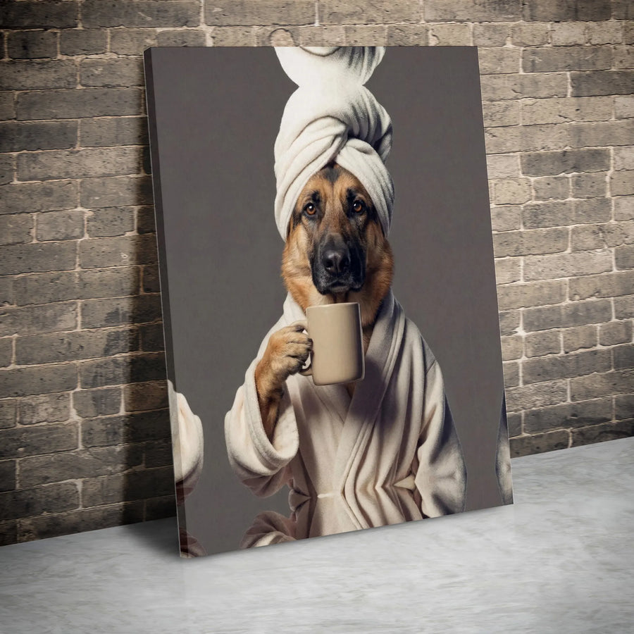 German Shepherd Spa Day Canvas Art | Funny Dog in Bathrobe with Coffee | Premium Matte Canvas Print | Unique Bathroom Wall Decor Gift for Dog Lover