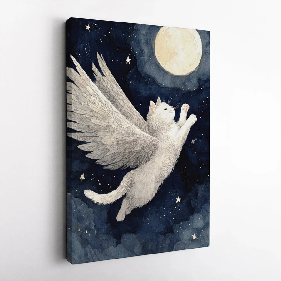 Angelic Winged Cat Canvas Wall Art | Celestial Moon And Starry Night Print | Premium Gallery Wrap Decor | Magical Animal Lover Gift