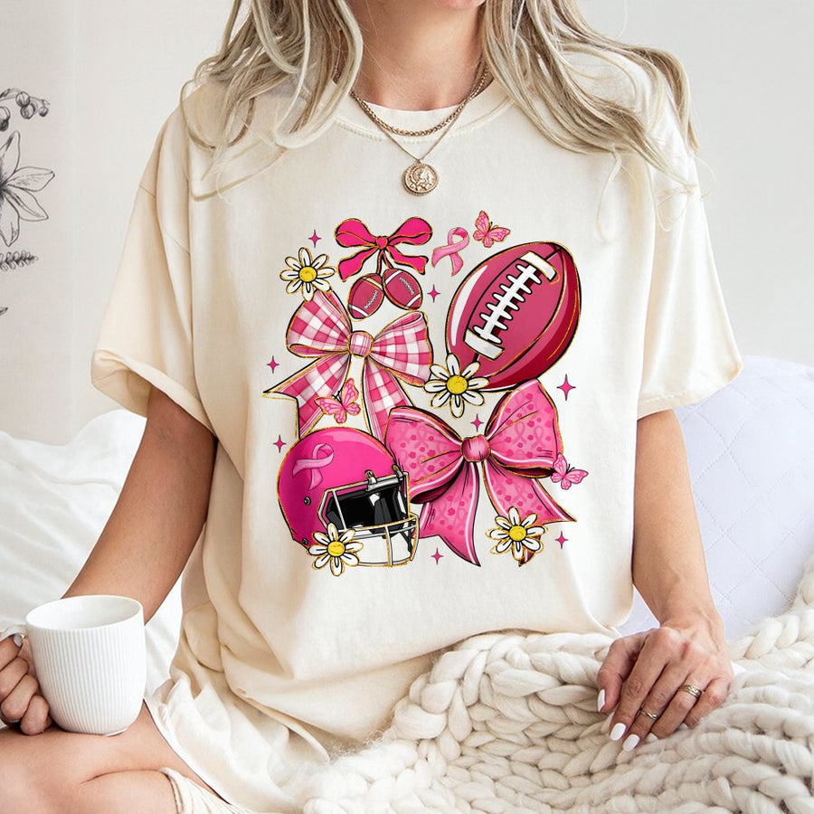 Breast Cancer Awareness Football T-Shirt | Pink Bow Preppy Game Day Graphic | 100% Cotton Premium Tee | Supportive Gift For Women Fans