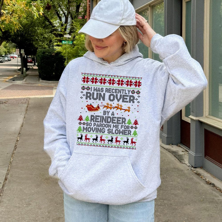 Run Over By A Reindeer Hoodie | Funny Christmas Ugly Sweater Design | Premium Cotton Blend | Unisex Holiday Gift for Her and Him