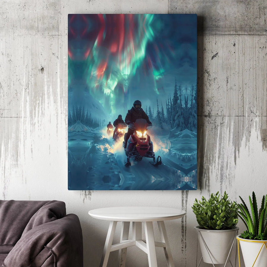 Snowmobile Canvas Wall Art | Northern Lights Aurora Borealis Decor | 1.25 Inch Gallery Wrap | Gift for Snowmobiler and Winter Sports Lover