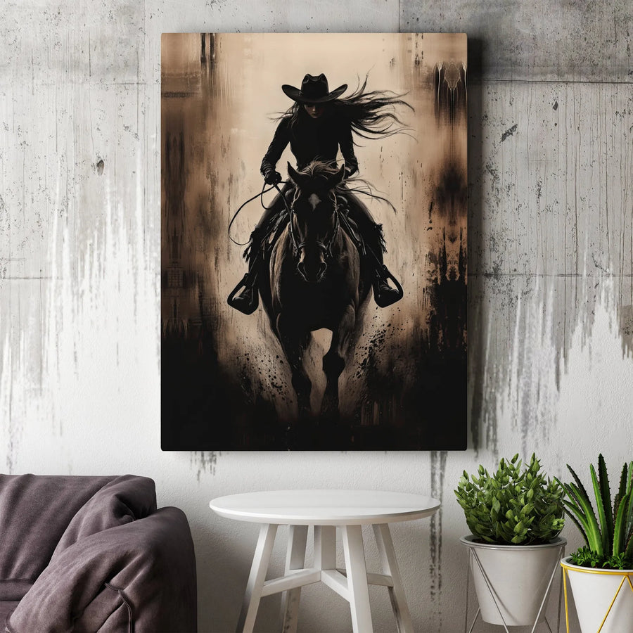 Cowgirl Canvas Wall Art | Moody Abstract Western Rider | Premium Gallery Wrapped Canvas | Rustic Farmhouse Decor Gift for Her