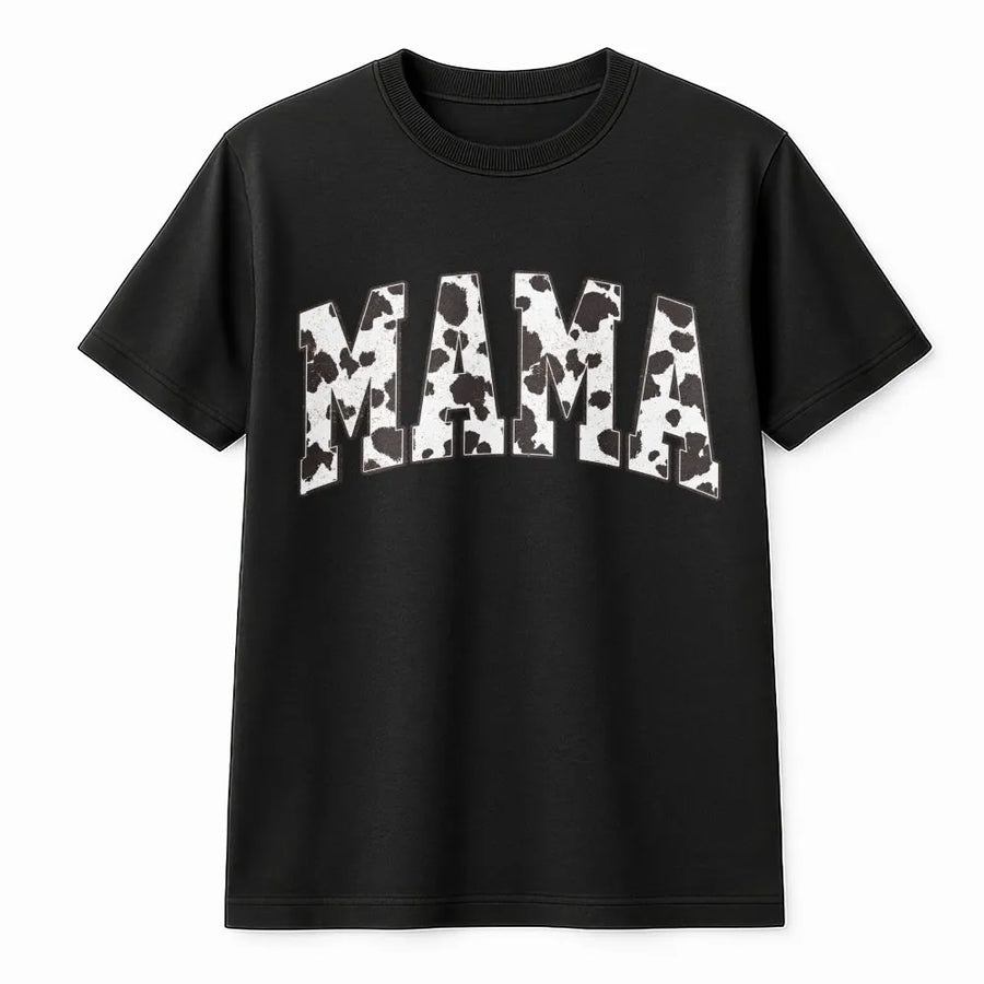 Mama Cow Print Shirt | Western Graphic Tee with Cowhide Varsity Letters | Soft Cotton Tee | Trendy Gift for New Mom