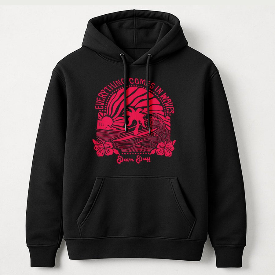 Surfing Graphic Hoodie | Everything Comes In Waves Retro Design | Premium Cotton Blend | Gift For Surfer Beach Lover