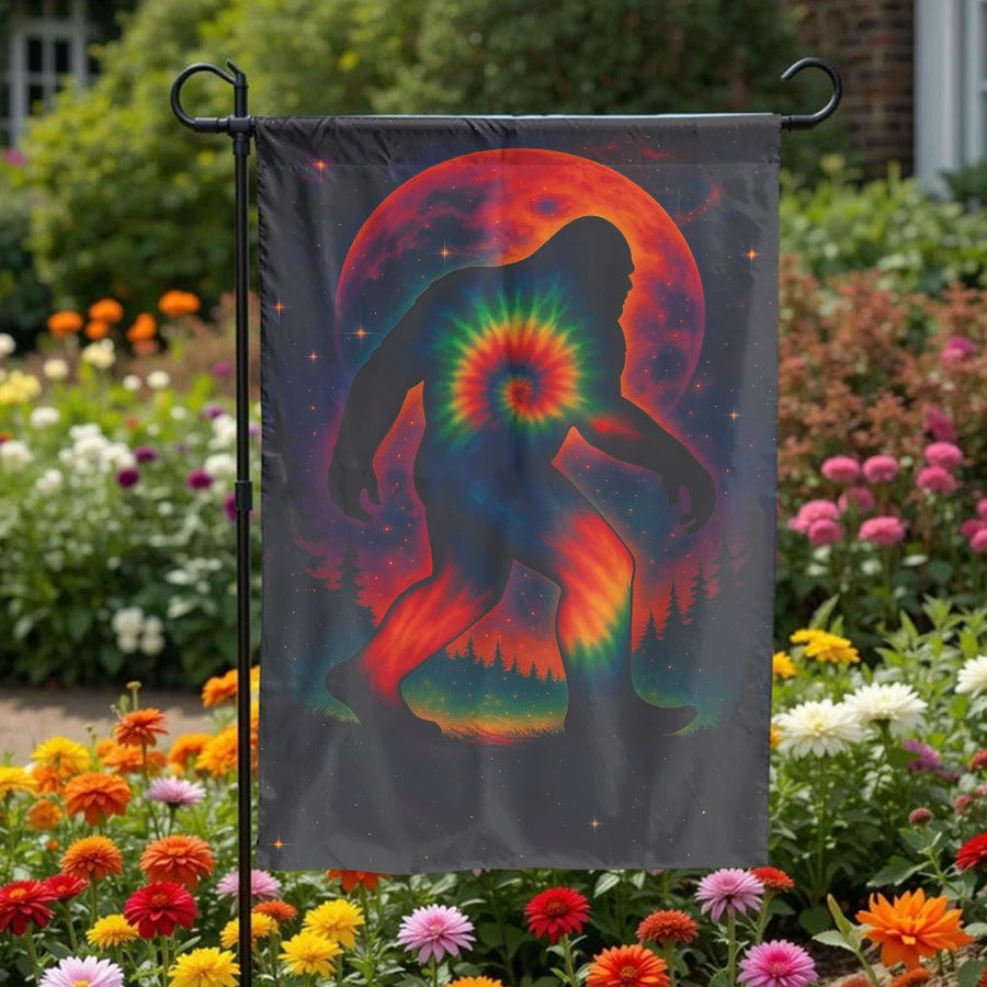 Psychedelic Bigfoot Garden Flag | Tie Dye Sasquatch Yard Decor | Premium Double-Sided Polyester | Unique Mythical Creature Gift For Outdoor Enthusiasts