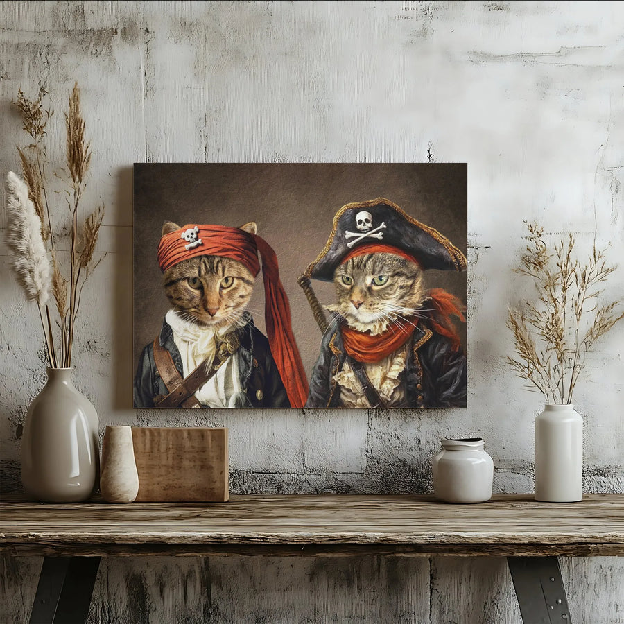 Pirate Cat Portrait Canvas Wall Art | Whimsical Two Cats in Pirate Costume Print | Premium Gallery Wrap Decor | Unique Pet Lover Gift