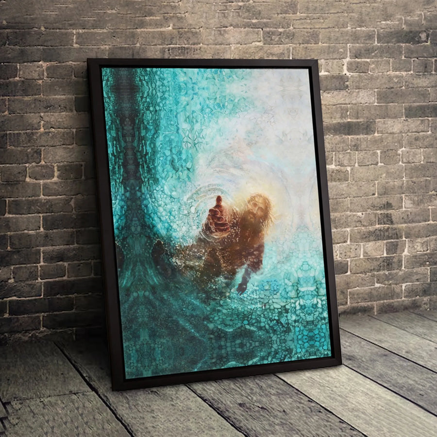 Jesus Reaching Hand From Water Canvas | Religious Baptism Wall Art | Premium Gallery Wrapped Print | Christian Home Decor Gift
