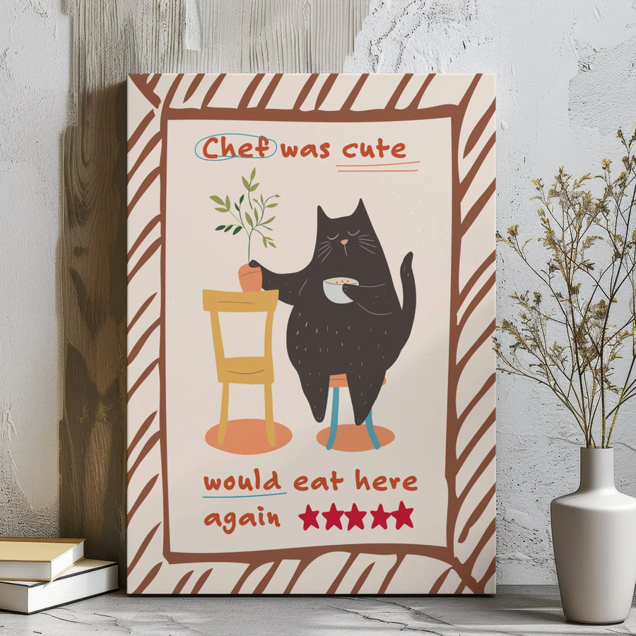 Cute Black Cat Canvas Wall Art | Chef Was Cute Would Eat Here Again Print | Modern Whimsical Kitchen Decor | Funny Cat Lover Gift Idea
