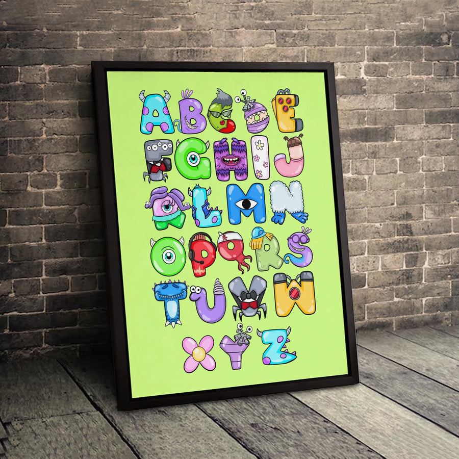 Monster Alphabet Wall Art | Cute Cartoon Letter Print | Premium Gallery-Wrapped Canvas | Educational Nursery or Kids Room Decor Gift