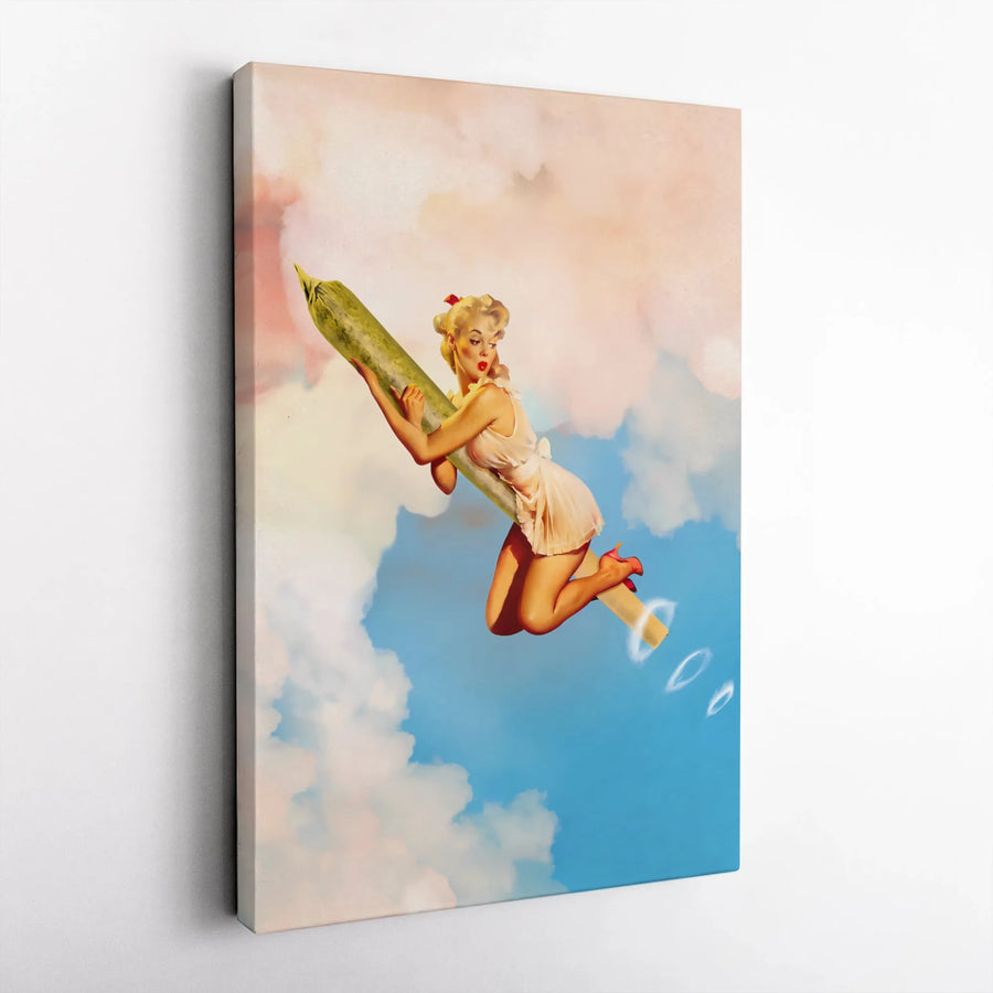 Pin-Up Girl Riding Joint Canvas Print | Retro Smoking Art Decor | Premium 1.25" Gallery Wrapped Wall Art | Edgy Stoner Gift for Apartment
