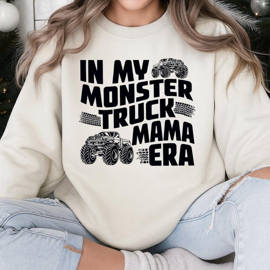 Monster Truck Mama Sweatshirt | Funny Retro Graphic Tee | Soft Cotton-Poly Blend | Cute Gift for New Moms and Boys Birthday Party