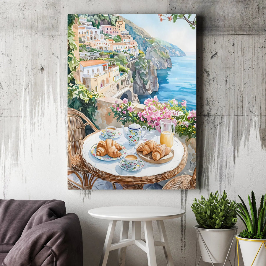 Amalfi Coast Canvas Wall Art | Watercolor Italian Seaside Breakfast | Premium Gallery-Wrapped Print | Travel Lover Decor & Gift