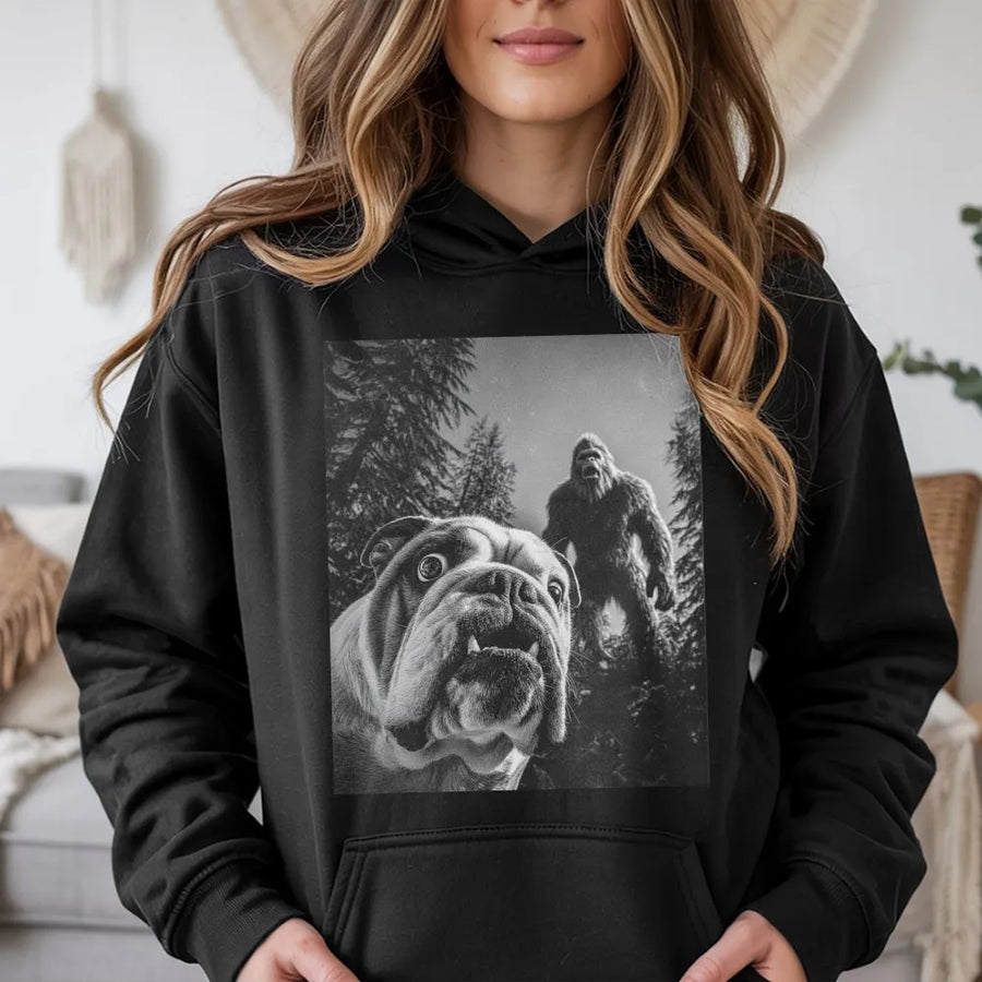 English Bulldog Hoodie | Bigfoot Selfie Graphic Print | Cotton Blend Streetwear | Funny Dog Lover Gift For Men And Women
