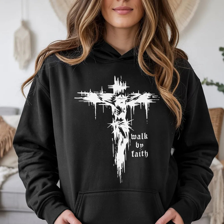 Christian Cross Hoodie | Walk by Faith Grunge Graphic Sweatshirt | Premium Cotton-Blend | Religious Gift for Men and Women