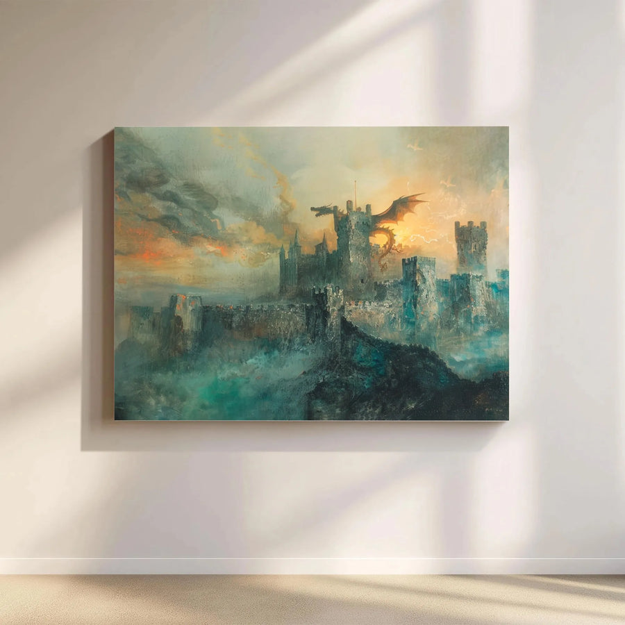 Dragon Wall Art Canvas | Medieval Castle Fantasy Landscape | 1.25 Inch Gallery Wrap Print | Premium Gothic Home Decor Gift