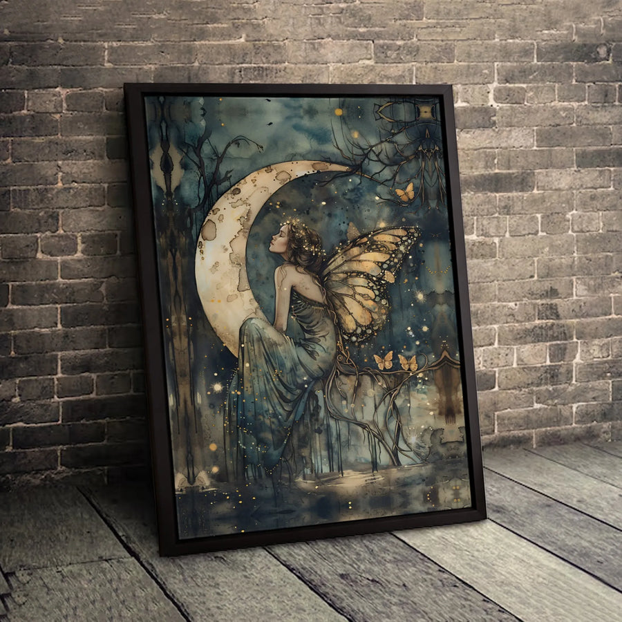 Fairy Wall Art | Enchanting Moon Butterfly Princess Illustration | Premium 1.25-Inch Thick Gallery Wrapped Canvas | Magical Fantasy Home Decor Gift