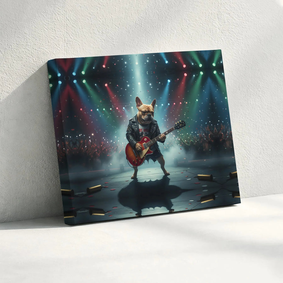 French Bulldog Rockstar Canvas Wall Art | Funny Guitarist Dog Concert Scene | Premium Gallery Quality Print | Gift for Frenchie Owner & Musician