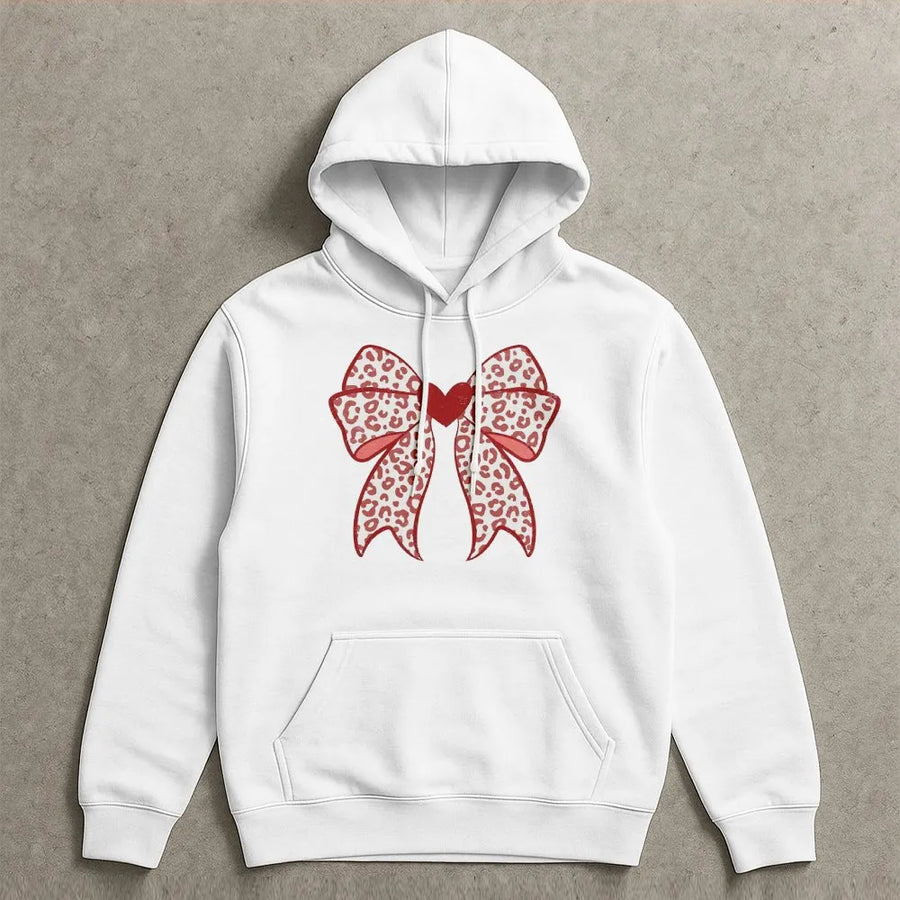 Leopard Print Bow Hoodie | Valentine Heart Aesthetic Graphic | Premium Cotton Blend | Cute Gift For Her & Women