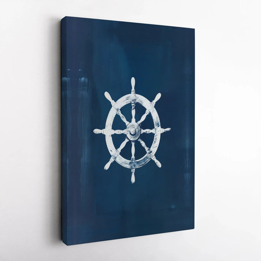 Nautical Wall Art | White Ship Helm on Navy Blue | Premium Gallery Wrap Canvas | Coastal Home Decor Gift