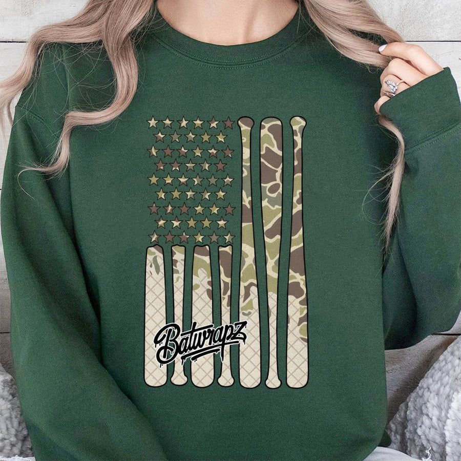 Baseball Flag Sweatshirt | Camo American Flag With Baseball Bats Graphic | Premium Cotton Blend Crewneck | Gift for Baseball Players and Fans