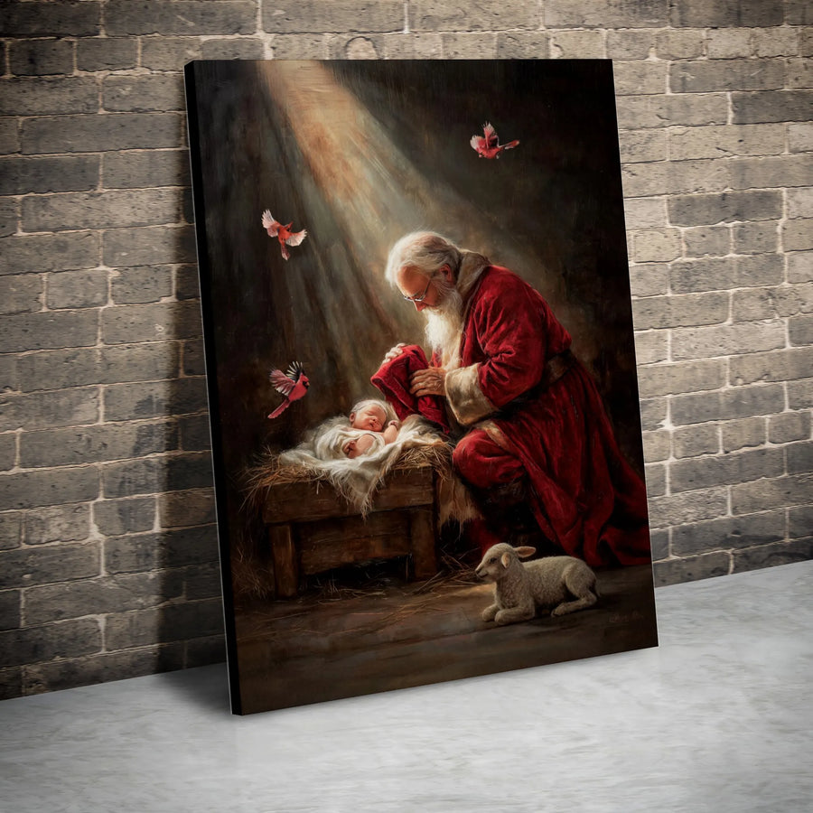 Santa Adoring Baby Jesus Canvas Print | Nativity Scene with Cardinals & Lamb | Premium Gallery-Wrapped Wall Art | Religious Christmas Home Decor Gift