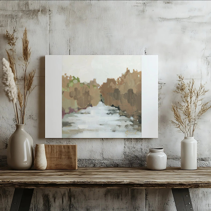 Abstract River Landscape Canvas Wall Art | Impressionist Painting Print with Earth Tones | Premium Gallery Wrap Canvas | Modern Farmhouse Living Room Decor Gift