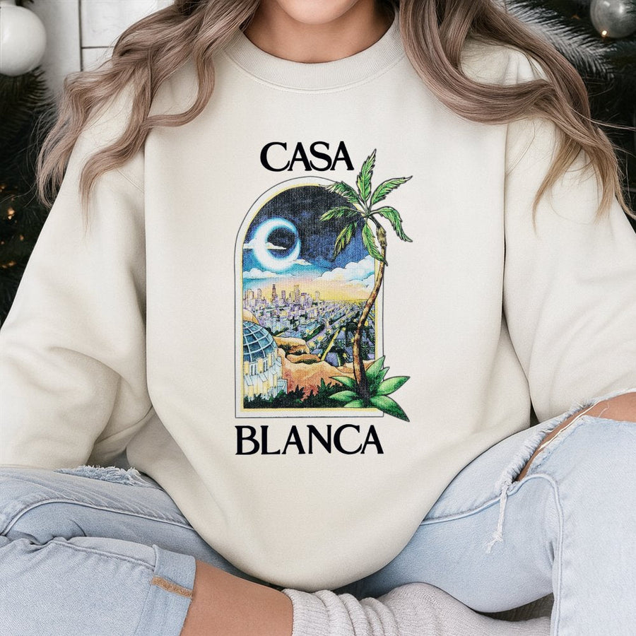 Casa Blanca Sweatshirt | Tropical City Window Graphic Art | Premium Cotton Blend Crewneck | Unisex Travel Aesthetic Gift for Vacation Lovers