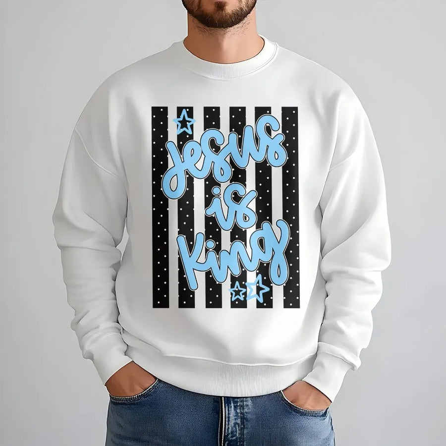 Jesus Is King Sweatshirt | Trendy Striped Polka Dot Graphic | Premium Cotton-Poly Blend | Inspirational Gift for Christian Women