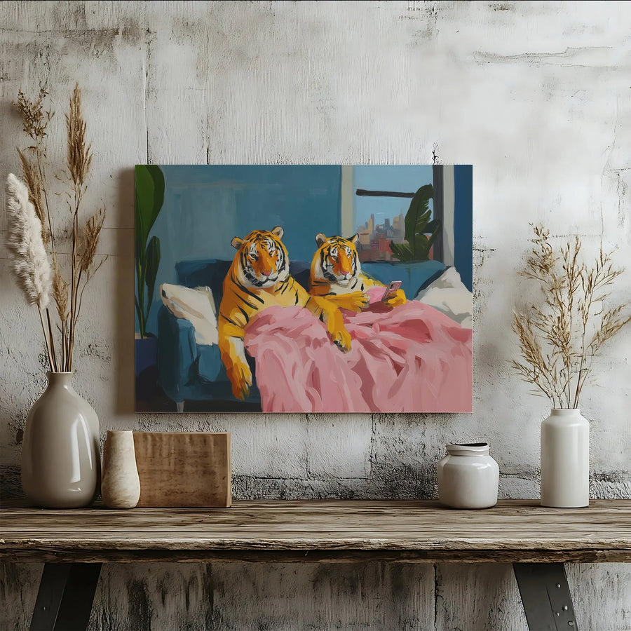Tiger Wall Art | Two Tigers Relaxing On Sofa Digital Illustration | Premium Gallery Wrapped Canvas | Whimsical Animal Home Decor Gift