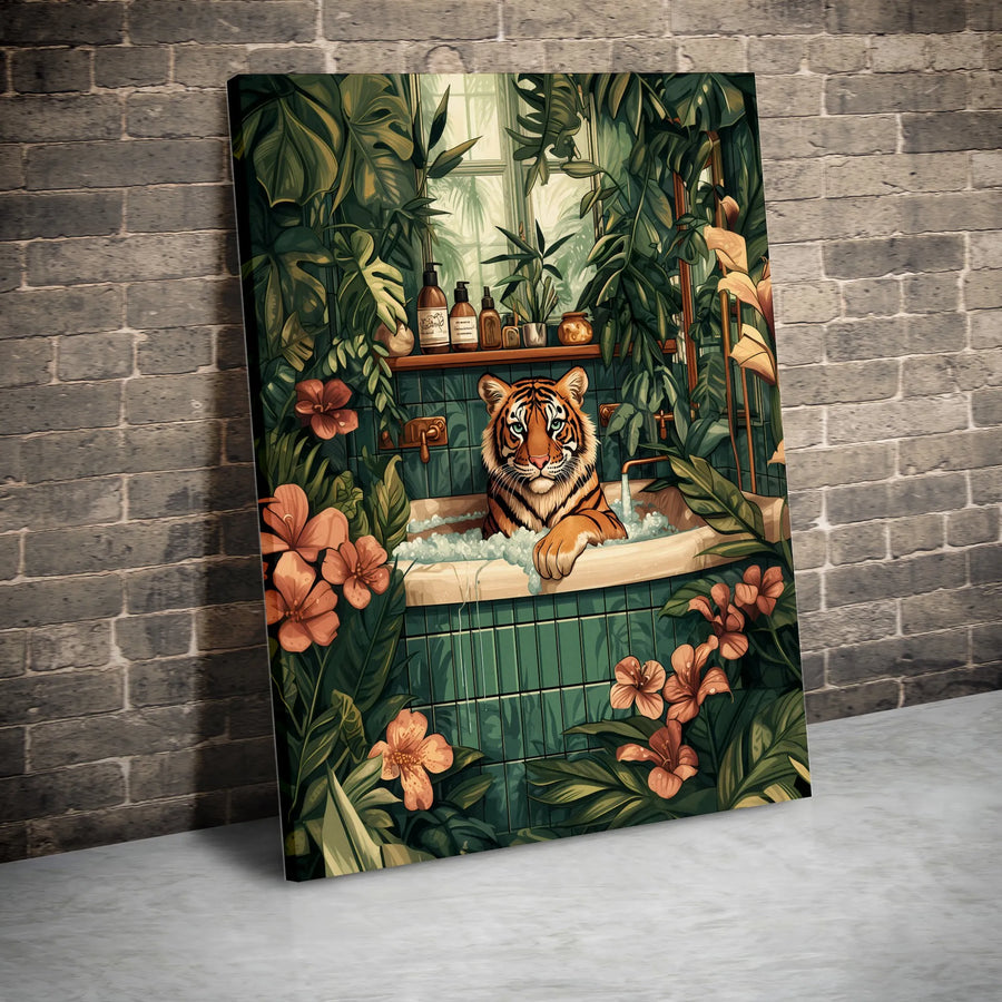Tiger In Bathtub Wall Art | Tropical Jungle Bathroom Decor | Premium Gallery Wrap Canvas | Unique Animal Portrait Gift For Home