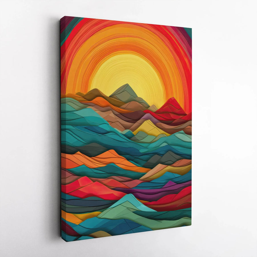 Abstract Mountain Canvas Wall Art | Colorful Layered Landscape with Sun | 1.25-Inch Gallery Wrap | Modern Home Decor Gift