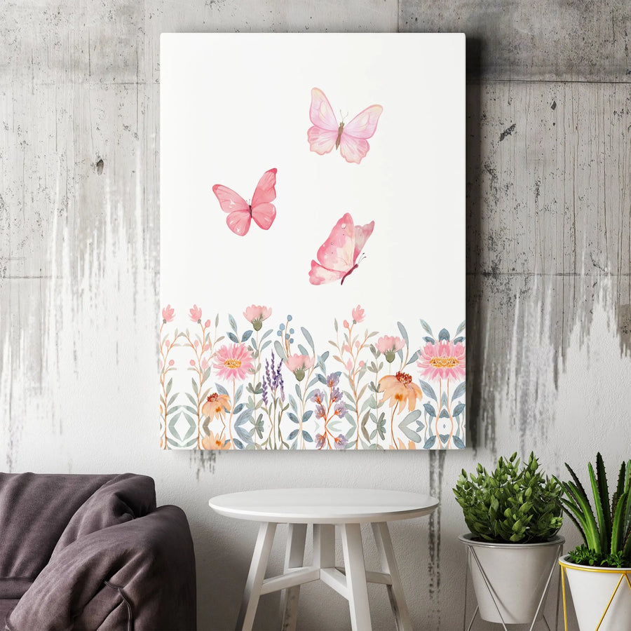 Watercolor Butterfly Wall Art | Pink Wildflower Botanical Print | 1.25 Inch Premium Gallery Canvas | Aesthetic Home Decor Gift