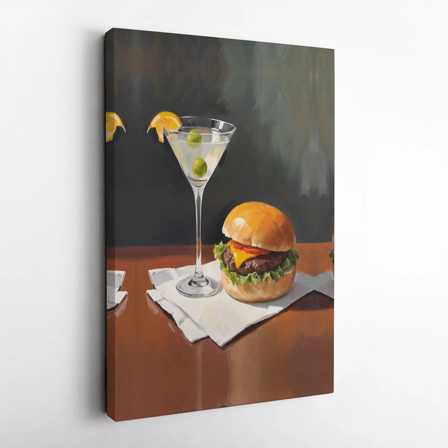 Cheeseburger and Martini Still Life Canvas Art | Mid-Century Modern Bar Decor | Premium Gallery Wrap Print | Kitchen and Dining Room Wall Decor