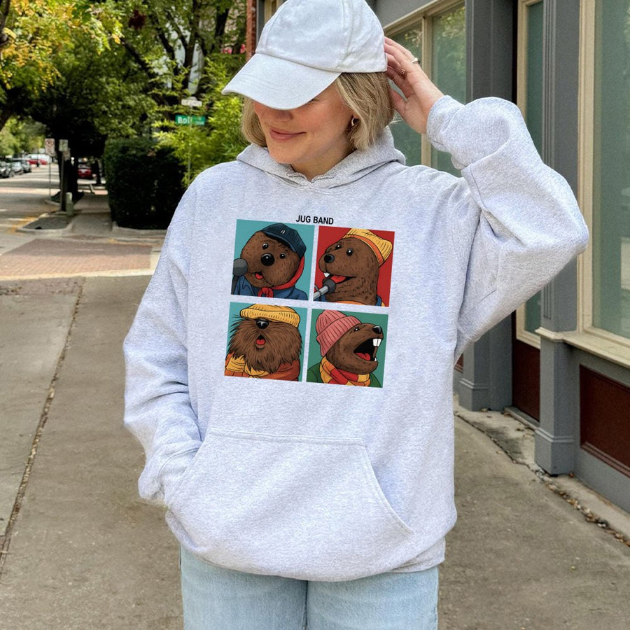 Jug Band Hoodie | Retro Cartoon Animal Quartet Graphic | Premium Cotton Blend Unisex Sweatshirt | Funny Music Lover Gift For Musicians