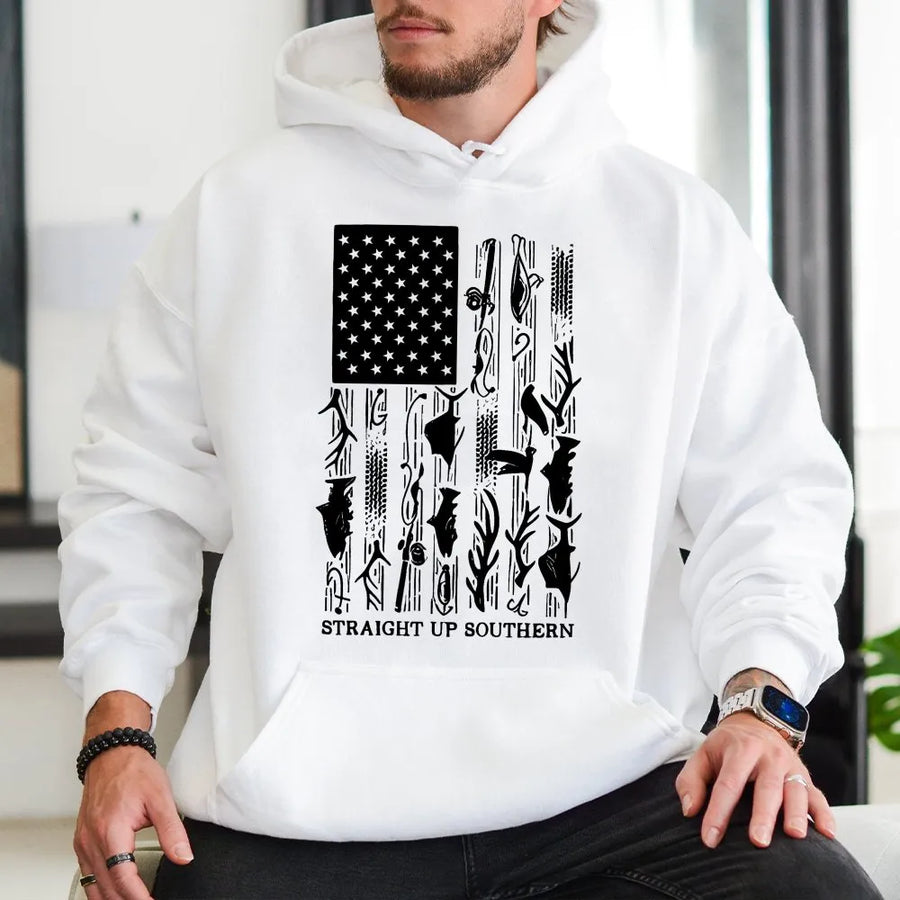 Hunting Fishing Flag Hoodie | Southern Outdoorsman American Flag Design | Premium Cotton Blend | Gift for Hunter