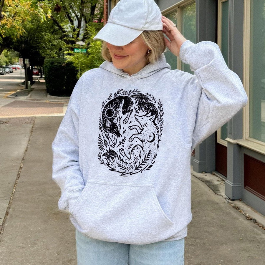 Fox Yin Yang Hoodie | Celestial Sun and Moon Naturecore Graphic | Premium Cotton-Blend | Mystical Animal Gift for Cottagecore Aesthetic