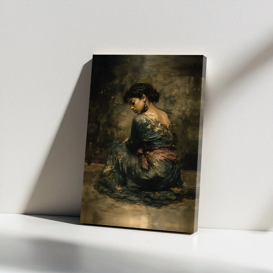 Pensive Woman Oil Painting Canvas | Dark Academia Fine Art Print | 1.25-Inch Gallery Wrap | Elegant Wall Decor for Home Office