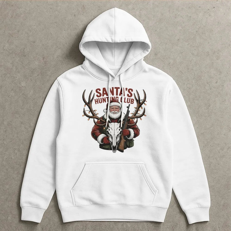 Santa's Hunting Club Hoodie | Funny Christmas Deer Hunter Graphic | Premium Cotton Blend Sweatshirt | Unique Gift for Outdoorsmen Hunters