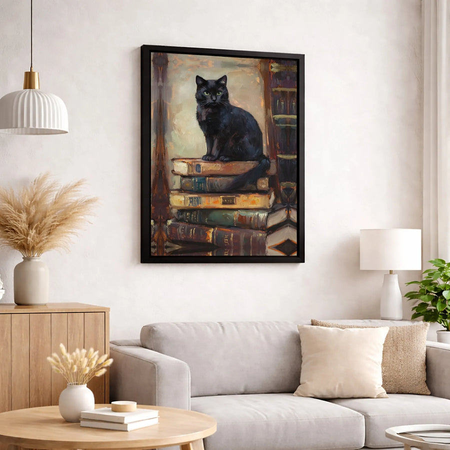 Black Cat on Books Canvas Wall Art | Moody Oil Painting Aesthetic | Gallery Quality Print | Gift for Book Lovers and Cat Owners